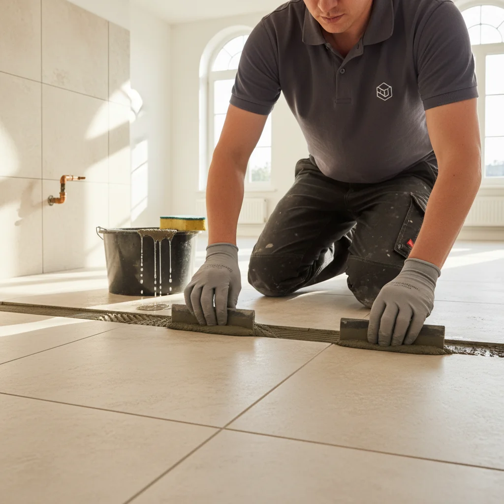 An installer applying grout between large format porcelain tiles in a living room.